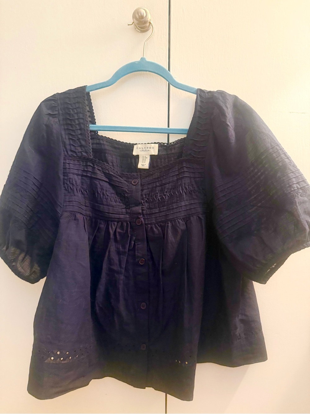 Calypso St Bart’s Navy Puff-Sleeve Button Front Square Neck Top - medium - Picture 2 of 4